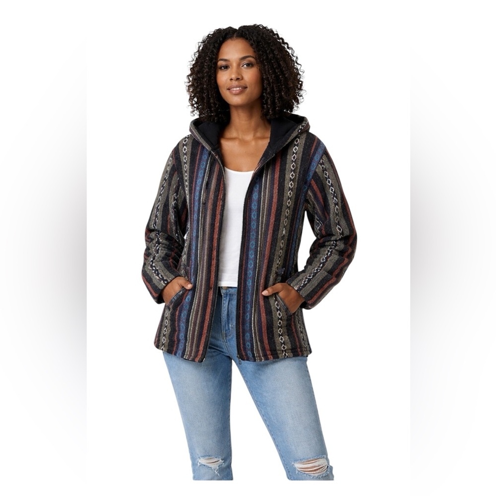 Striped Cotton Baja Zip Up Hoodie Boho Southwest Unisex Jacket Size: Medium